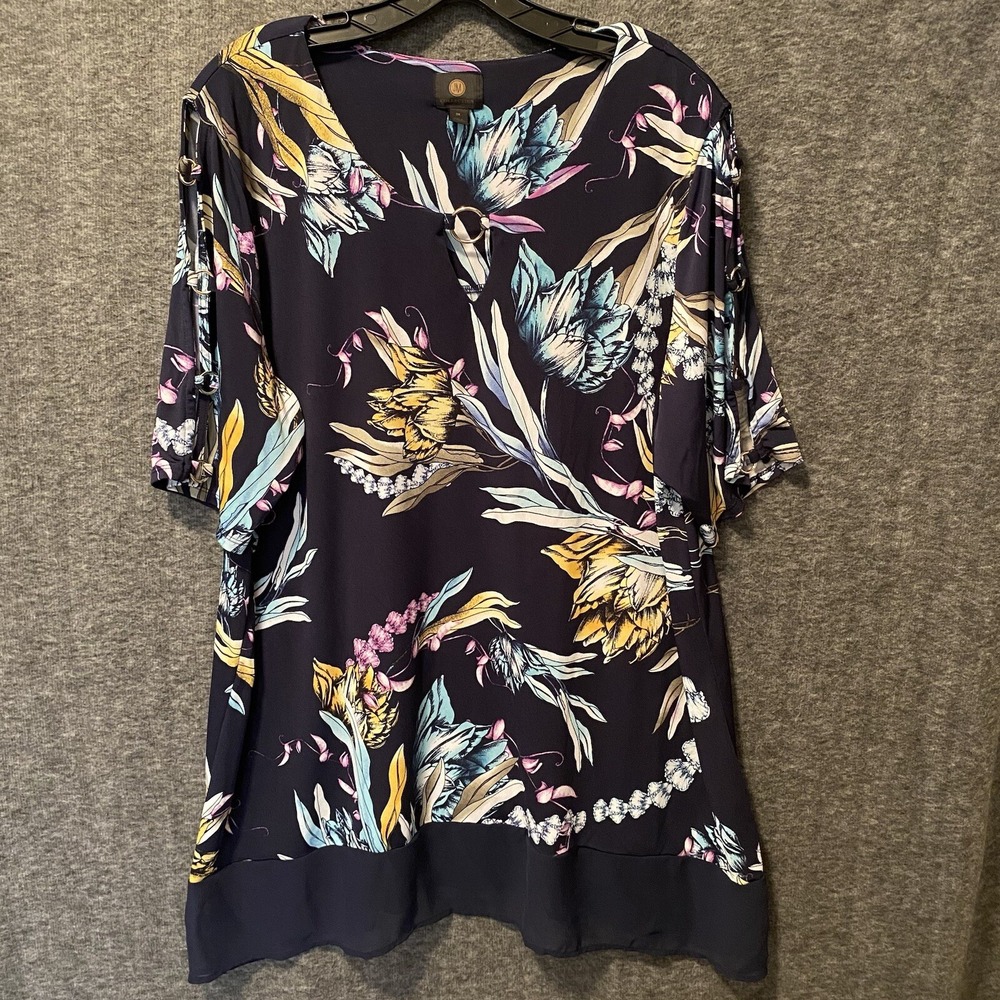 JM Collection Top‎ Womens 3X Blue Floral Cold Shoulder Chiffon Hem Sheer Blouse